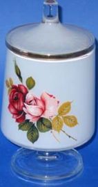 BEAUTIFUL GLASS COMPOTE OR CANDY BOWL WITH LID-GOLD TRIM ,  FLOR