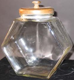 HUGE CLEAR GLASS HEXAGON TREAT JAR WITH WOOD LID-