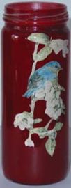 DECORATIVE RED GLASS CANDLEHOLDER WITH BIRD DESIGN