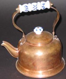 COPPER TEA KETTLE WITH BLUE/WHITE CERAMIC ACCENTS!
