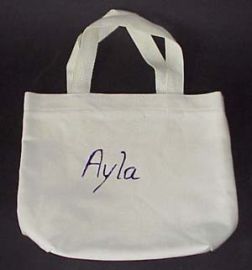 IVORY CANVAS TOTE BAG WITH AYLA IN PURPLE LETTERING