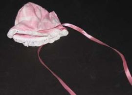 HAND-MADE PINK AND WHITE DOLL BONNET